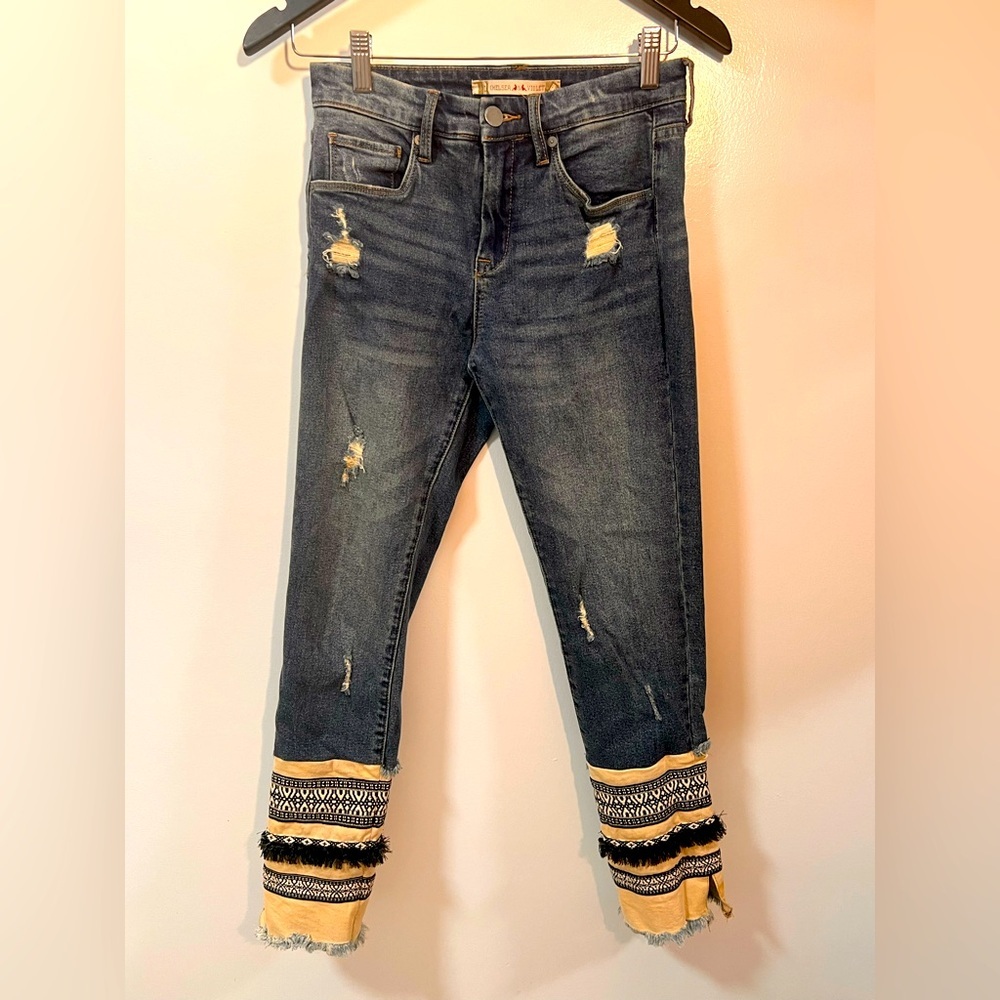 Chelsea & Violet Distressed Blue Jeans with Embroidered Hem